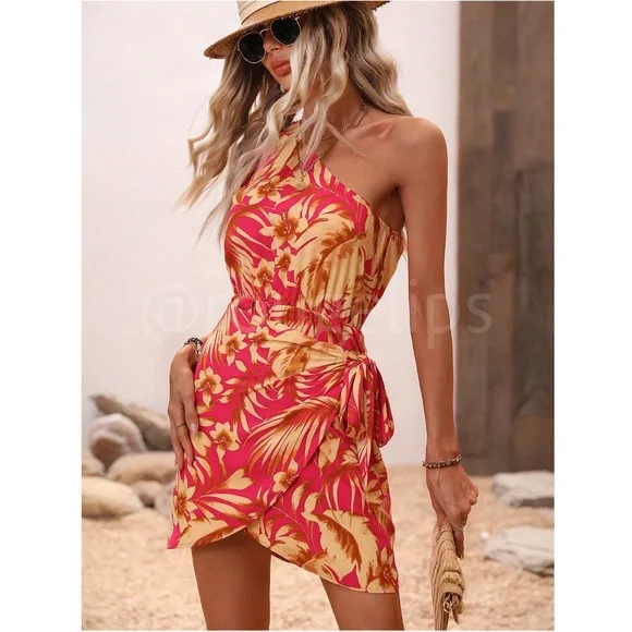 One Shoulder Floral Print on Pink Yellow Mini Dress Tie Side Overlapping Skirt - Picture 3 of 8